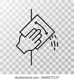 Cleaning icon with hand wiping a surface using a cloth, black linear symbol with motion arrows, isolated on transparent background.