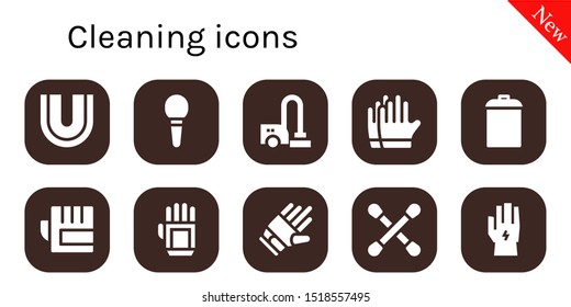 cleaning icon set. 10 filled cleaning icons.  Collection Of - Dental, Enema, Vacuum cleaner, Gloves, Garbage, Glove, Cotton swab icons