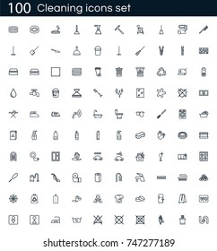 Cleaning icon set with 100 vector pictograms. Simple outline clean icons isolated on a white background. Good for apps and web sites. 