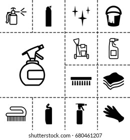 Cleaning icon. set of 13 filled and outline cleaning icons such as spray bottle, gloves, bucket, clean, cleanser, clean brush, sponge