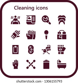 cleaning icon set. 16 filled cleaning icons.  Collection Of - Bath, Enema, Dental, Gloves, Sponge, Ironing board, Glove, Cotton swab, Garbage