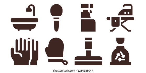  cleaning icon set. 8 filled cleaning icons. Simple modern icons about  - Gloves, Bath, Enema, Glass cleaner, Cleaning spray, Garbage, Ironing board