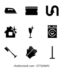 Cleaning icon. Set of 9 Cleaning filled icons such as pipe, mop, toothbrush, iron, washing machine, gloves, sponge, clean house