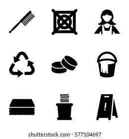 Cleaning icon. Set of 9 Cleaning filled icons such as toothbrush, sponge, recycle, bucket, maid, tablet, wet floor, no dry cleaning