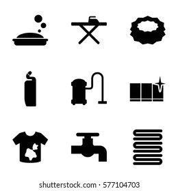 Cleaning icon. Set of 9 Cleaning filled icons such as soap, towels, tap, ironing table, cleanser, sponge, clean window, vacuum cleaner
