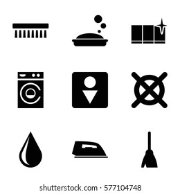 Cleaning icon. Set of 9 Cleaning filled icons such as soap, broom, water drop, iron, washing machine, clean window, clean brush, Male WC