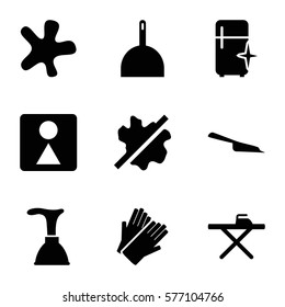 Cleaning icon. Set of 9 Cleaning filled icons such as plunger, dustpan, splash, no wash, ironing table, gloves, clean fridge