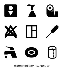 Cleaning icon. Set of 9 Cleaning filled icons such as soap, plunger, window, dust brush, paper towel, tap, Male WC