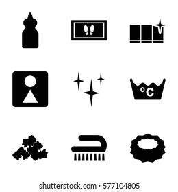 Cleaning icon. Set of 9 Cleaning filled icons such as clean, foot carpet, cleanser, sponge, clean window, clean brush, mud, female WC