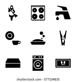 Cleaning icon. Set of 9 Cleaning filled icons such as soap, cloth pin, sponge, foot carpet, washing machine, dish, cooker, tap