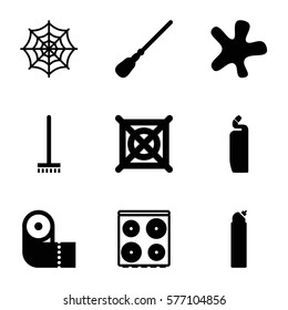 Cleaning icon. Set of 9 Cleaning filled icons such as broom, mop, splash, cleanser, cooker, paper towel, spider web