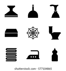 Cleaning icon. Set of 9 Cleaning filled icons such as plunger, dustpan, sponge, towels, window squeegee, toilet, cleanser, spider web