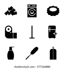 Cleaning icon. Set of 9 Cleaning filled icons such as mop, washing machine, bottle soap, sponge, dust brush, paper towel, mud, clothes on hanger