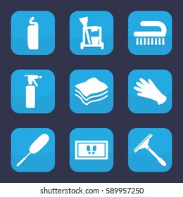 cleaning icon. Set of 9 cleaning filled icons such as spray bottle, gloves, window squeegee, cleaning tools, foot carpet, cleanser, dust brush, clean brush