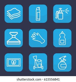 Cleaning icon. set of 9 outline cleaning icons such as spray bottle, gloves, cleaning tools, window squeegee, foot carpet, cleanser