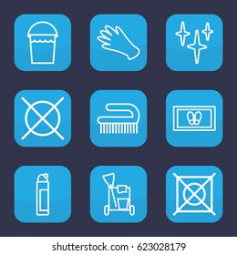 Cleaning icon. set of 9 outline cleaning icons such as gloves, bucket, clean, foot carpet, cleanser