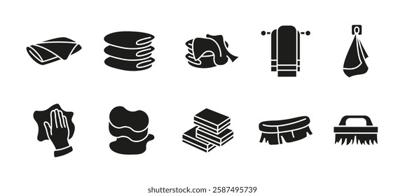 Cleaning icon set black. Household hygiene and sanitation vector illustration silhouette. Towel, sponge and brush glyph concept. Scrub, wipe and detergent symbols.