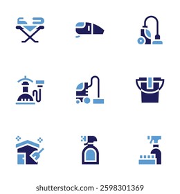 Cleaning icon set. Bold style. Duotone colors. Editable stroke. disinfectant, cleaning, steamer, home, ironing, vaccum cleaner, vacuum cleaner.