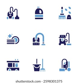 Cleaning icon set. Bold style. Duotone colors. Editable stroke. cleaning service, broom, vacuum cleaner, plates, cleaning, cleaning liquid.