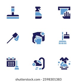 Cleaning icon set. Bold style. Duotone colors. Editable stroke. window cleaner, glass cleaner, wipe, t shirt, cleaning, pool, vacuum cleaner.