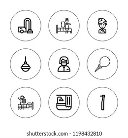 Cleaning icon set. collection of 9 outline cleaning icons with bath, dentist, enema, maid icons. editable icons.
