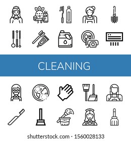 cleaning icon set. Collection of Maid, Cleaning brush, Toothbrushing, Toothbrush, Cleaner, Room service, Toilet brush, Air conditioning, Ozone, Broom, Rubber gloves, Cleaning icons