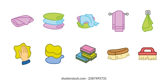 Cleaning icon set colored. Household hygiene and sanitation vector illustration cartoon style. Towel, sponge and brush concept. Scrub, wipe and detergent colorful symbols.