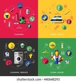 Cleaning icon set with descriptions of clean choice house and cleaning service vector illustration