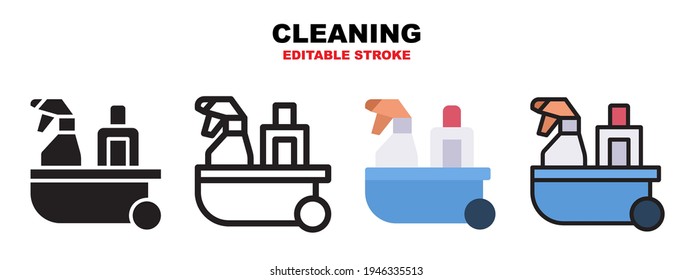 Cleaning icon set with different styles. Icons designed in filled, outline, flat, glyph and line colored. Editable stroke and pixel perfect. Can be used for web, mobile, ui and more.