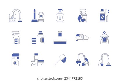 Cleaning icon set. Duotone style line stroke and bold. Vector illustration. Containing vacuum, cleaner, cleaning, soap, brush, teeth, spray, detergent, glass, vaccum, dry, toilet, pool.