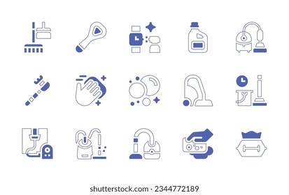 Cleaning icon set. Duotone style line stroke and bold. Vector illustration. Containing cleaning, tongue, cleaner, detergent, vacuum, bubbles, vaccum, sponge, wet, wipes.