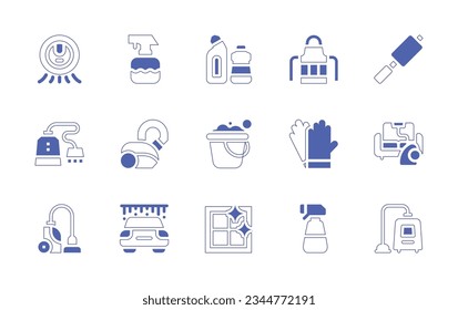 Cleaning icon set. Duotone style line stroke and bold. Vector illustration. Containing robot, vacuum, cleaning, spray, detergent, apron, lint, roller, vaccum, cleaner, bucket, gloves, sofa, car, wash.