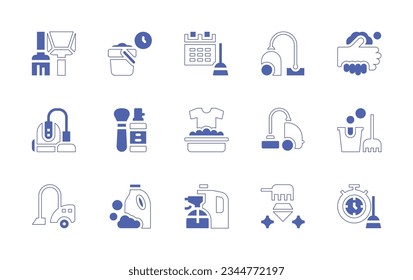 Cleaning icon set. Duotone style line stroke and bold. Vector illustration. Containing brush, cleaning, bucket, vacuum, cleaner, washing, hand, clothes, service, detergent, products.
