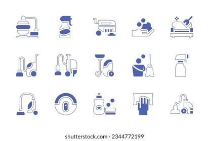 Icon-Set für die Reinigung. Duotone Stil Linie Strich und fett. Vektorgrafik. Filter, Reinigung, Boden, Reiniger, Schaum, Möbel, Vakuum, Mop, Spray, Flasche, Roboter, Waschmittel, Abwischen.