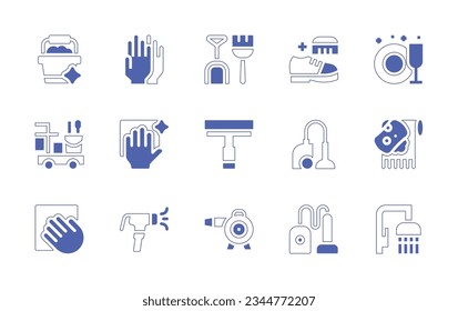 Cleaning icon set. Duotone style line stroke and bold. Vector illustration. Containing bucket, handle, cleaning, gloves, tool, brush, clean, dishes, cart, glass, cleaner, hoover, carpet, tissue.