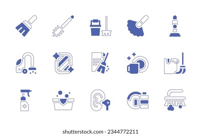 Cleaning icon set. Duotone style line stroke and bold. Vector illustration. Containing broom, toilet, brush, cleaning, duster, vacuum, cleaner, mirror, data, dishes, spray, washbowl, ear, vaccum.