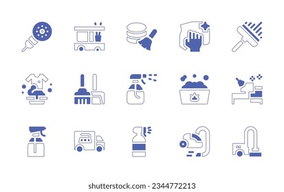 Cleaning icon set. Duotone style line stroke and bold. Vector illustration. Containing shower, cleaning, data, wipe, brush, t, shirt, dust, pan, spray, bottle, bathing, office, service, vacuum.