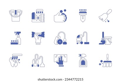 Cleaning icon set. Duotone style line stroke and bold. Vector illustration. Containing cleaning, bucket, carpet, washing, hand, steamer, data, vacuum, cleaner, vaccum, brushing, teeth, disinfectant.
