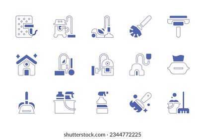 Cleaning icon set. Duotone style line stroke and bold. Vector illustration. Containing mattress, vacuum, cleaner, techonology, toilet, brush, squeegee, house, wet, wipes, scoop, cleaning, products.