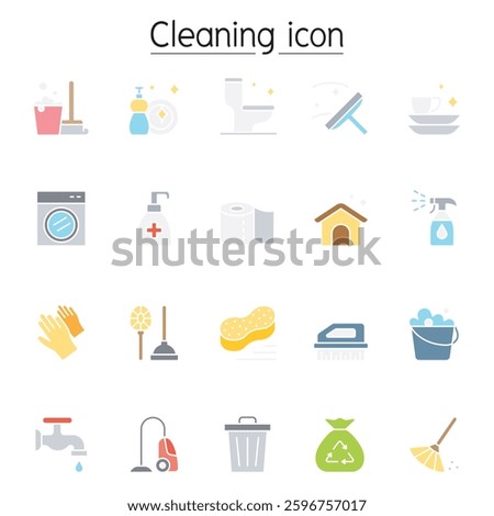 Cleaning icon set in flat color style