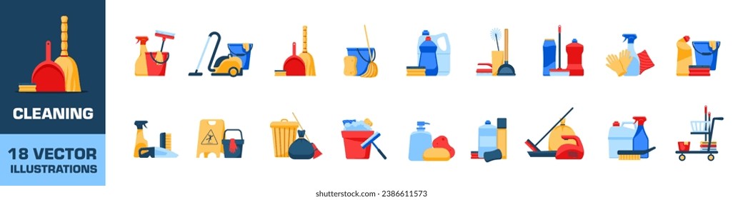 Icono de limpieza. Juego de iconos de limpieza. Estilo plano.