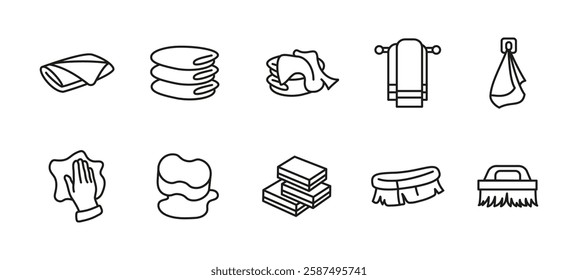 Cleaning icon set. Household hygiene and sanitation vector illustration. Towel, sponge and brush concept. Scrub, wipe and detergent symbols.