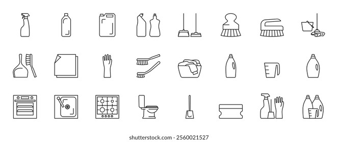 Cleaning icon set. Housekeeping and laundry related icons - supplies, detergent in bottles, cleaner, dustpan, brush, gloves, laundry basket, bleach, laundry powder. Linear illustrations, editable