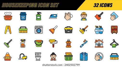 Cleaning icon set. Housekeeping service and Maid cleaner equipment icon collection. Hygiene concept. Set of housekeeping Icons. Simple line art style icons pack. Vector illustration. Vector Graphic. 