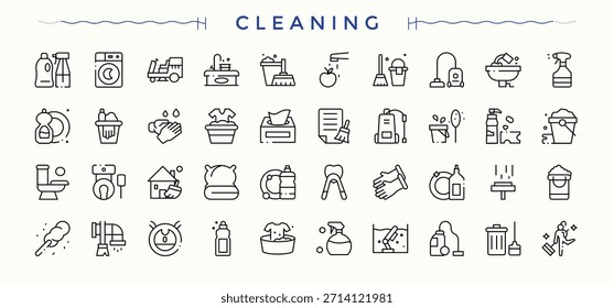 Symbolsatz wird bereinigt. Symbole für die Anwendung. Im Zusammenhang mit Desinfektion, Kehren, Reinigung, Reinigung. Pixel perfekt. Vektorgrafik. Symbolsatz für Hausreinigungszeile.