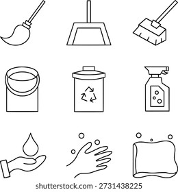 Cleaning icon set. Including broom, mop, spray bottle, bucket, recycle bin, water drop, hand wash, and rag for hygiene concept. Vector illustration.