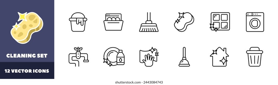 Cleaning icon set. Linear style. Vector icons
