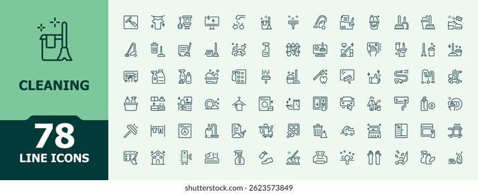Cleaning icon set. Pictograms of disinfect, hygiene, clean, sweep and more. Disinfect simple icon pack. Minimal thin line web icons set. Editable vector illustration.