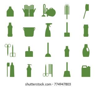 Cleaning icon set. Professional maid service, janitor supplies, home chores equipment collection. Vector flat style cartoon illustration isolated on white background