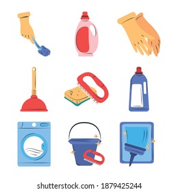 cleaning icon set supplies equipment detergent brush glove washing machine bucket and sponge vector illustration